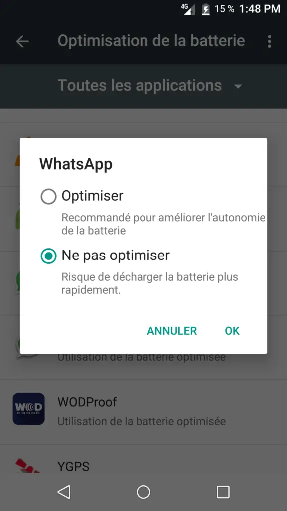 optimisation batterie application whatsapp