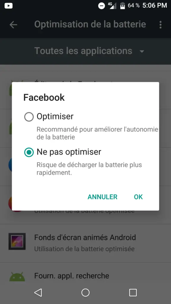 Desactiver l'optimisation de la batterie pour recevoir a nouveau les notifications sur android