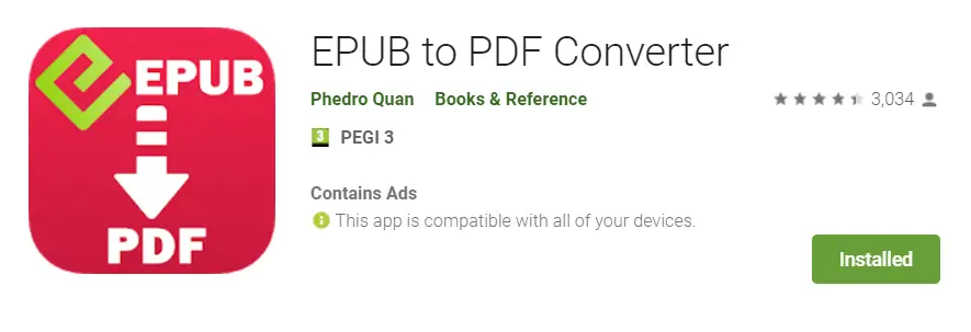 lien application conversion fichier EPUB en PDF sur android